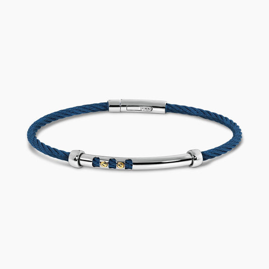 Stainless steel and 18ct yellow gold royal blue woven rope men's bracelet 20cm