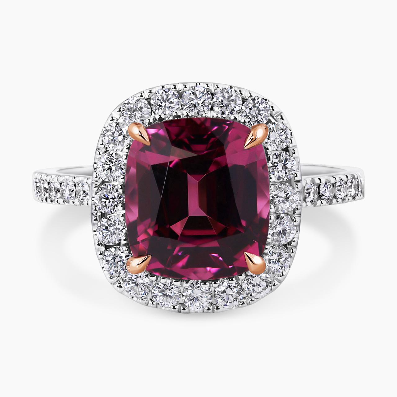 18ct white and rose gold 4.19ct cushion cut Rhodolite and diamond ring