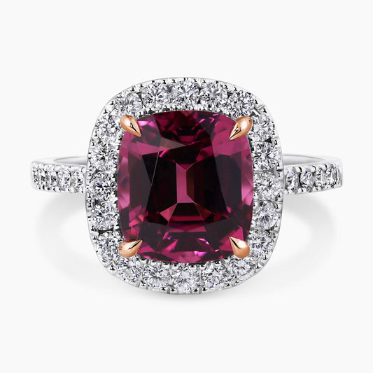 18ct white and rose gold 4.19ct cushion cut Rhodolite and diamond ring