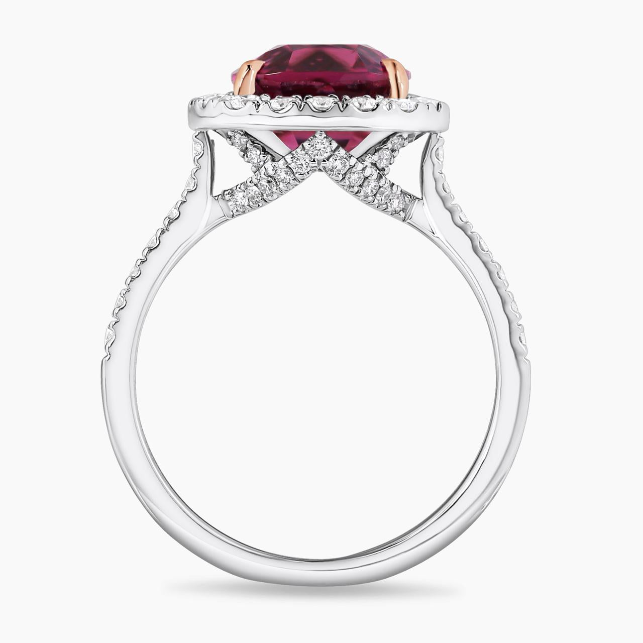 18ct white and rose gold 4.19ct cushion cut Rhodolite and diamond ring side profile