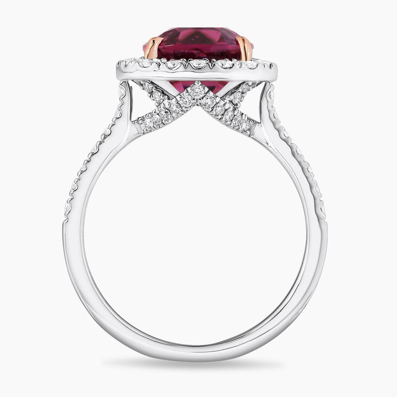 18ct white and rose gold 4.19ct cushion cut Rhodolite and diamond ring side profile