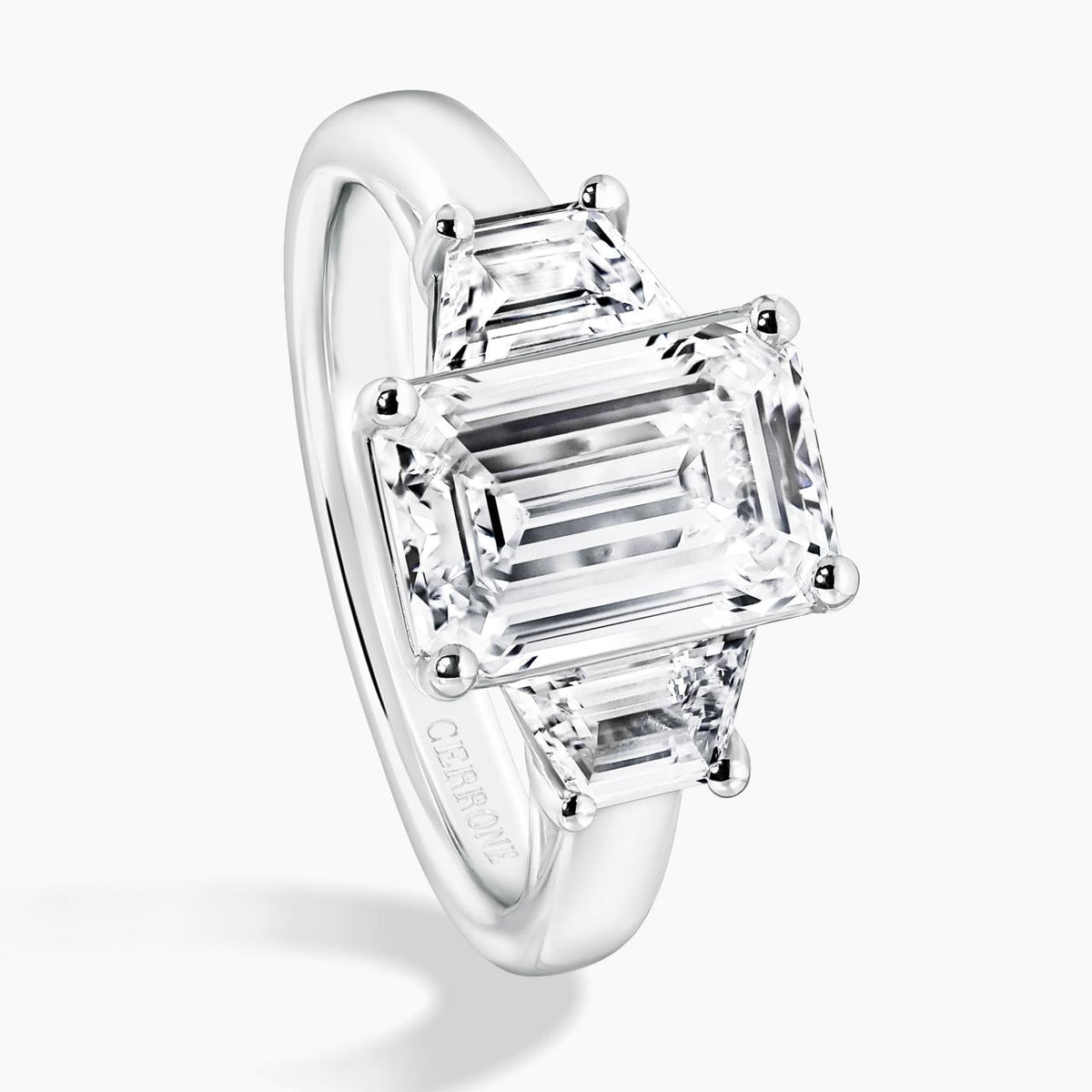 18ct white gold 2.52ct D VS1 emerald cut lab grown diamond ring with trapezoid lab grown diamonds IGI report