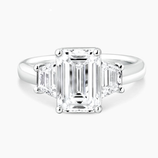 18ct white gold 2.52ct D VS1 emerald cut lab grown diamond ring with trapezoid lab grown diamonds IGI report