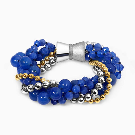 Three rows of blue agate, single row of silver plate hemitite and single row of gold plated hemitite beads bracelet ended with a silver magnetic clasp