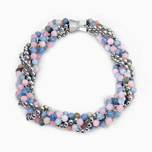 Three rows of mixed colour beryl and two rows of silver plated hemitite beads necklace ended with a silver magnetic clasp from the Carmela Cerrone Collection