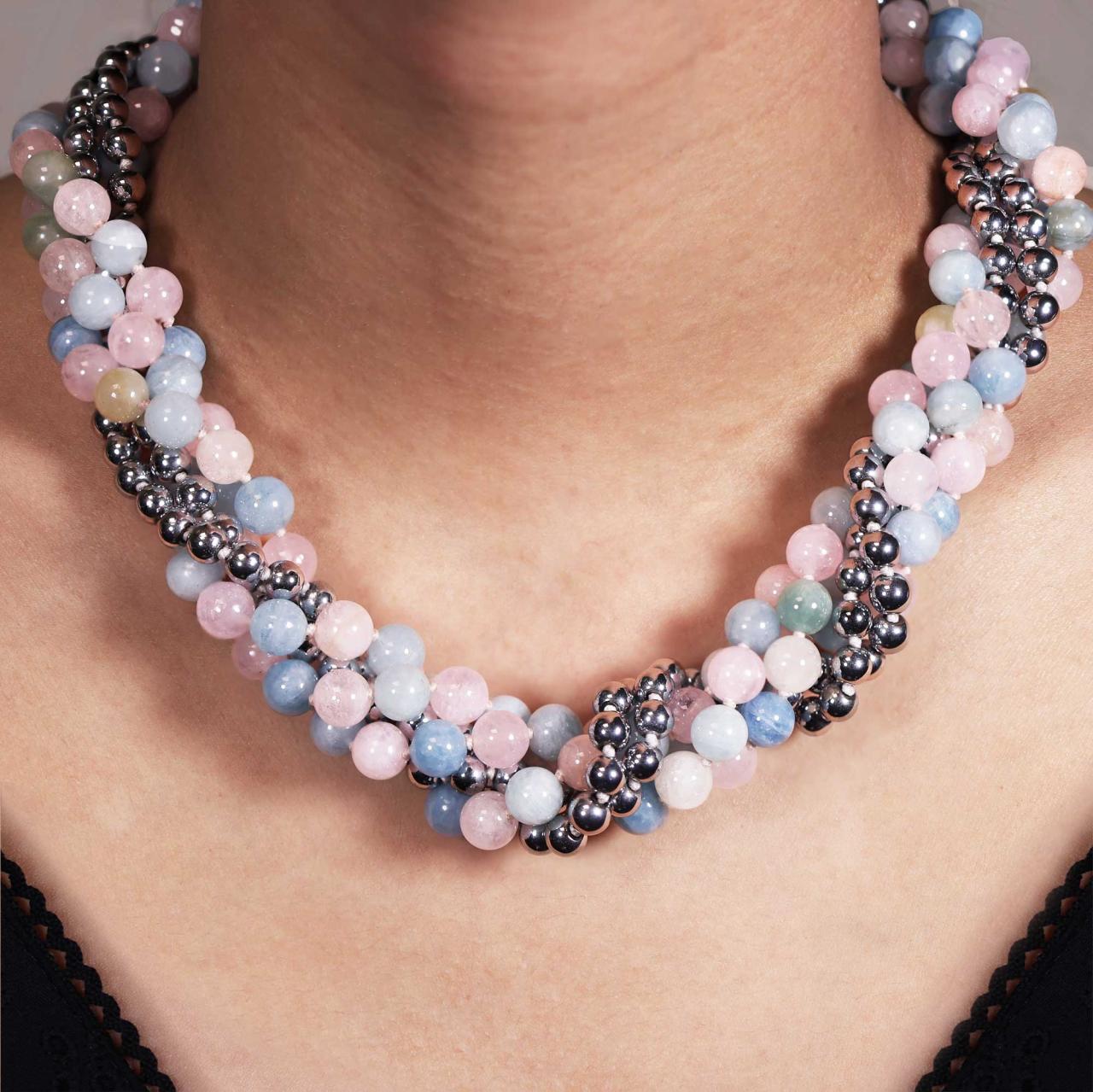 Three rows of mixed colour beryl and two rows of silver plated hemitite beads necklace ended with a silver magnetic clasp from the Carmela Cerrone Collection