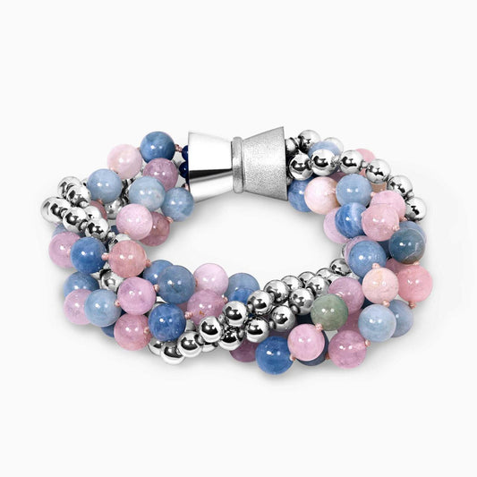 Three rows of mixed colour beryl and two rows of silver plated hemitite beads bracelet ended with a silver magnetic clasp from the Carmela Cerrone Collection