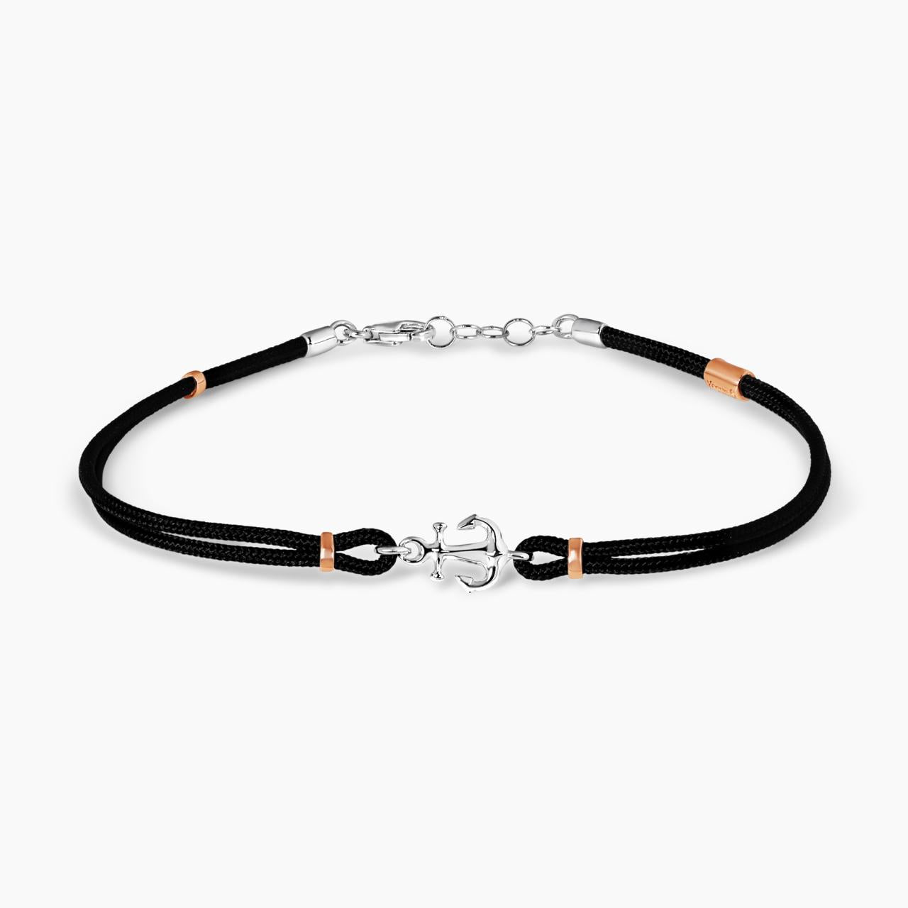 18ct white and rose gold anchor black cotton rope men's bracelet 20cm
