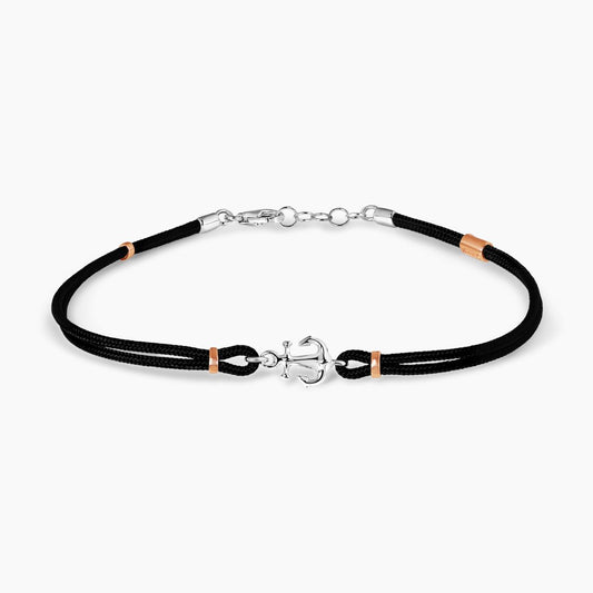 18ct white and rose gold anchor black cotton rope men's bracelet 20cm