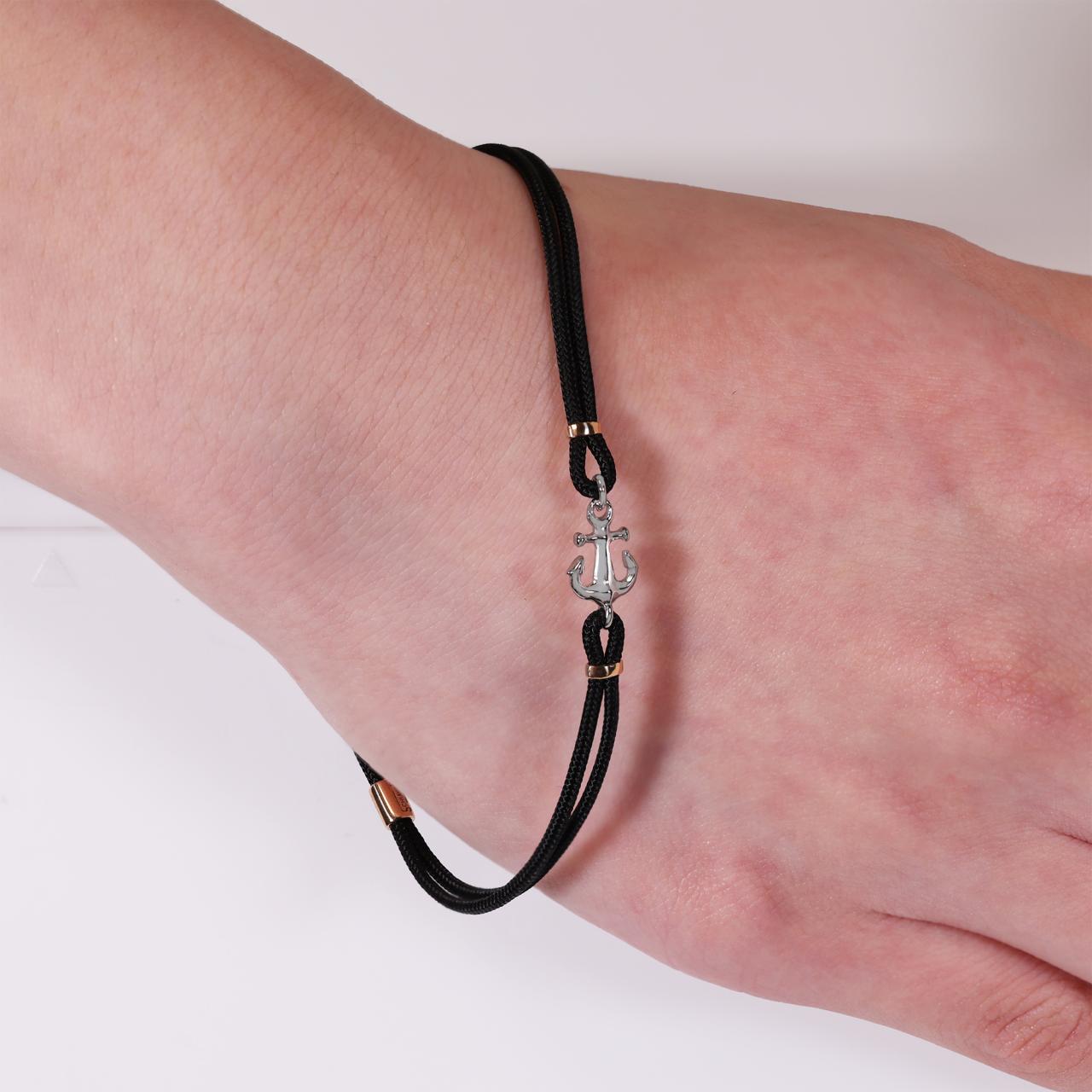 18ct white and rose gold anchor black cotton rope men's bracelet 20cm