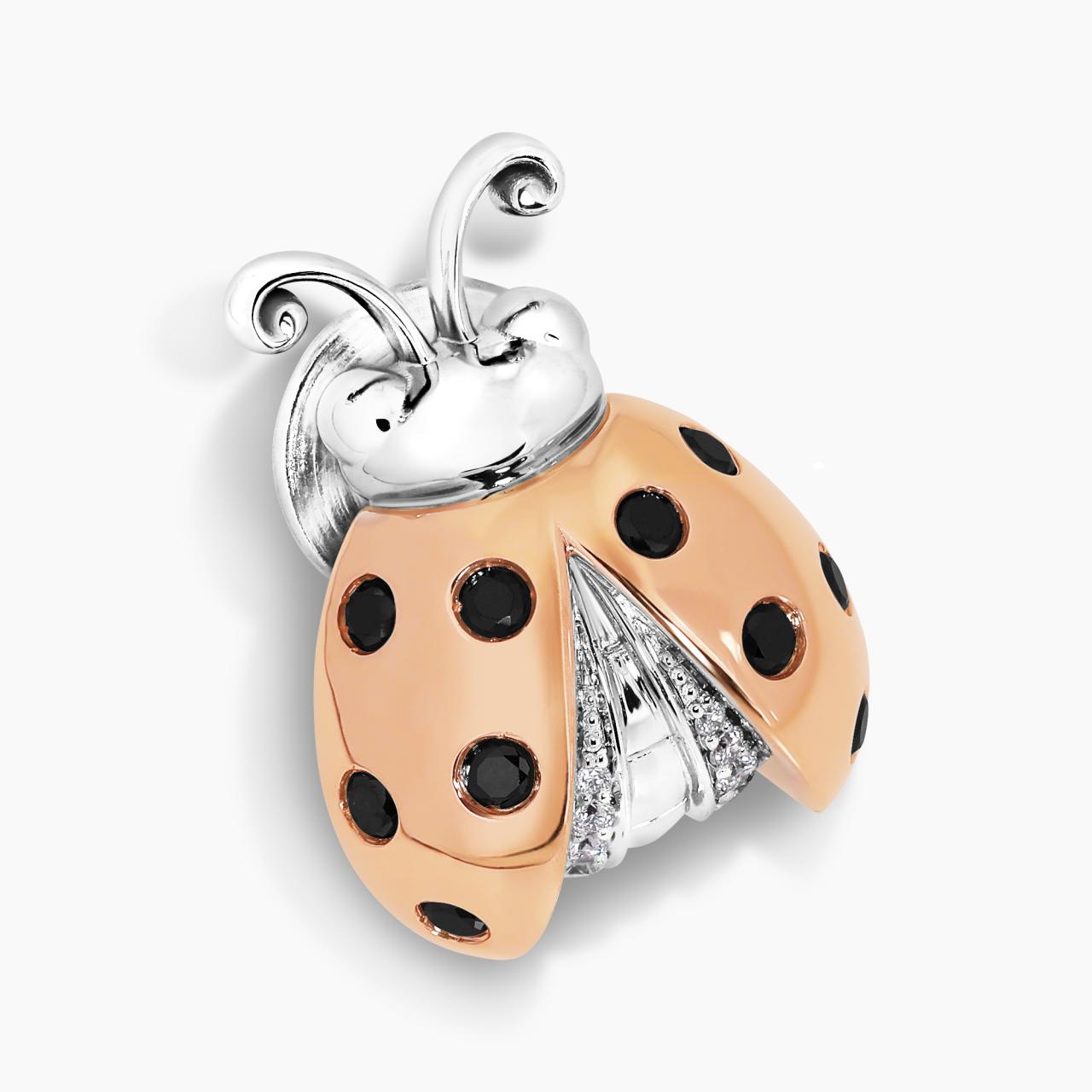 18ct white and rose gold black and white diamonds lady bug lapel pin