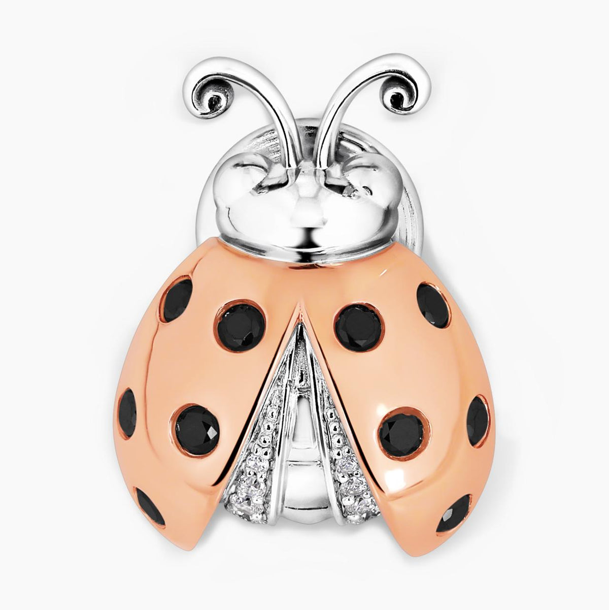 18ct white and rose gold black and white diamonds lady bug lapel pin