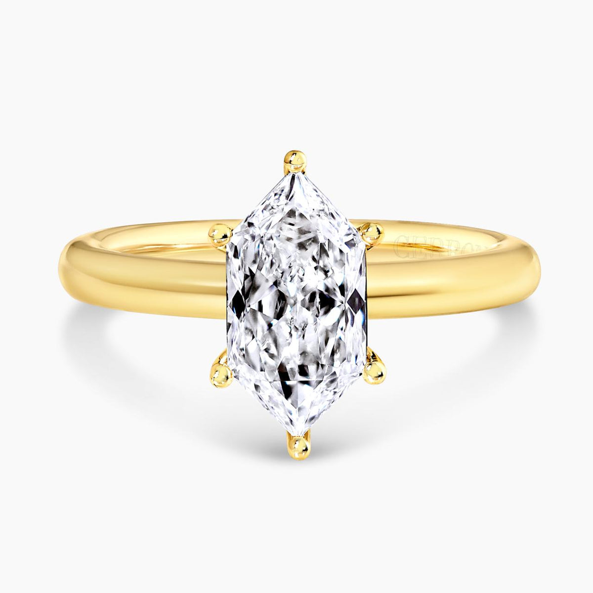 18ct yellow gold Lab grown hexagonal diamond solitaire engagement ring in a six claw setting 