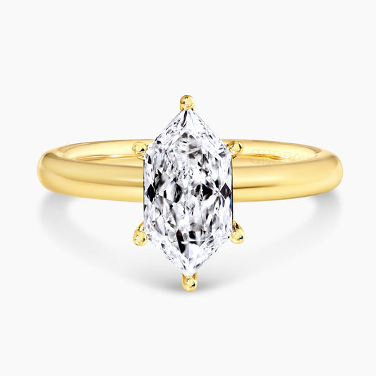 18ct yellow gold Lab grown hexagonal diamond solitaire engagement ring in a six claw setting 