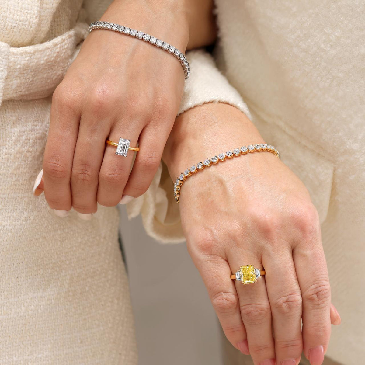 AURELIA 18ct yellow gold 3.02ct FVY VS1 radiant lab grown diamond ring with trapezoid lab grown diamonds on the side on the finger