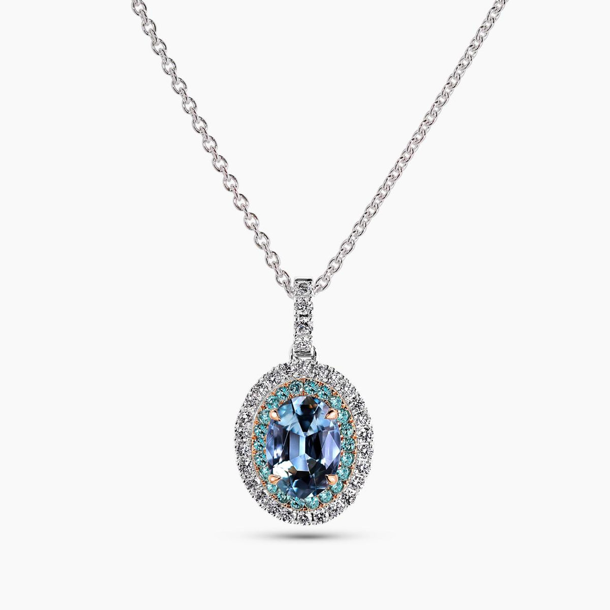 18ct white and rose gold Santa Maria aquamarine, diamond and Paraiba tourmaline necklace