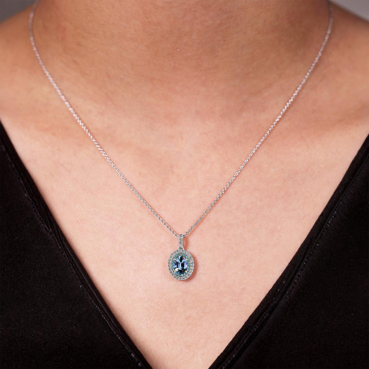 18ct white and rose gold Santa Maria aquamarine, diamond and Paraiba tourmaline necklace