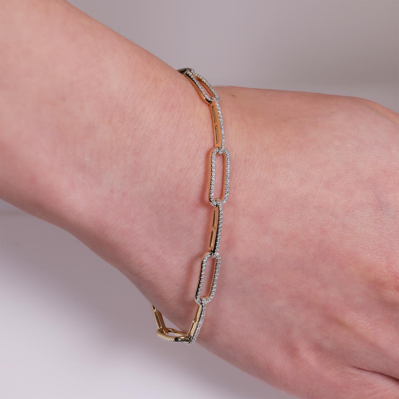 18ct yellow gold diamond pave set paperclip bracelet with hinge clasp