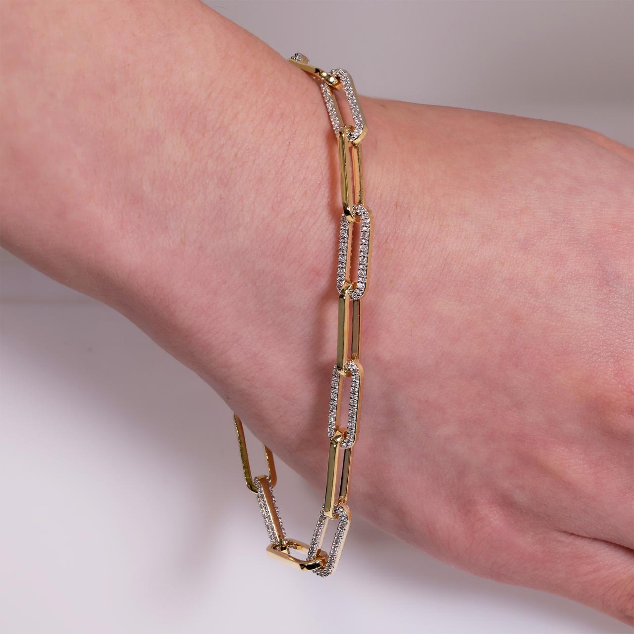 18ct yellow gold diamond pave set paperclip bracelet with spring hinge clasp