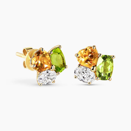 18ct white gold Oval Peridot, Heart Citrines and Oval Diamond stud earrings