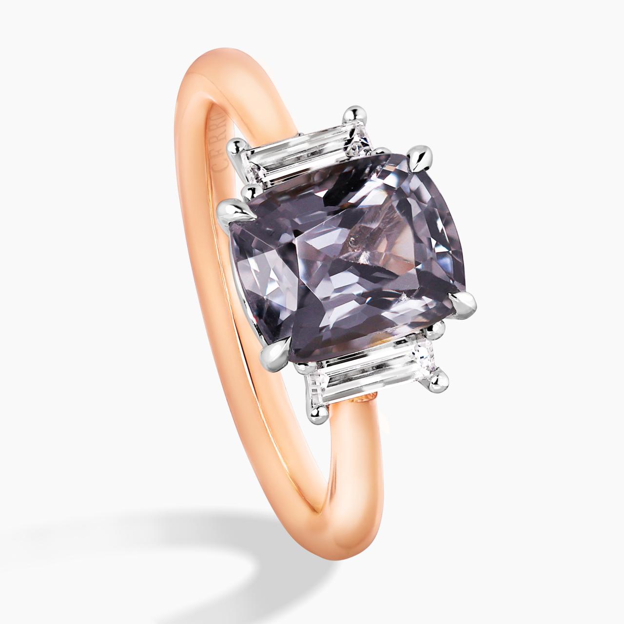 18ct Rose and white gold 2.44ct cushion shape grey spinel and baguette diamond ring