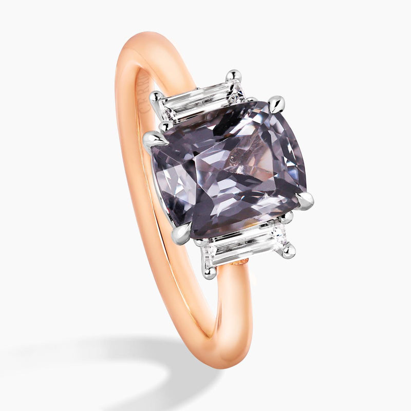 18ct Rose and white gold 2.44ct cushion shape grey spinel and baguette diamond ring