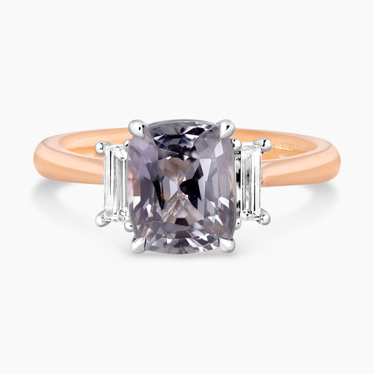 18ct Rose and white gold 2.44ct cushion shape grey spinel and baguette diamond ring