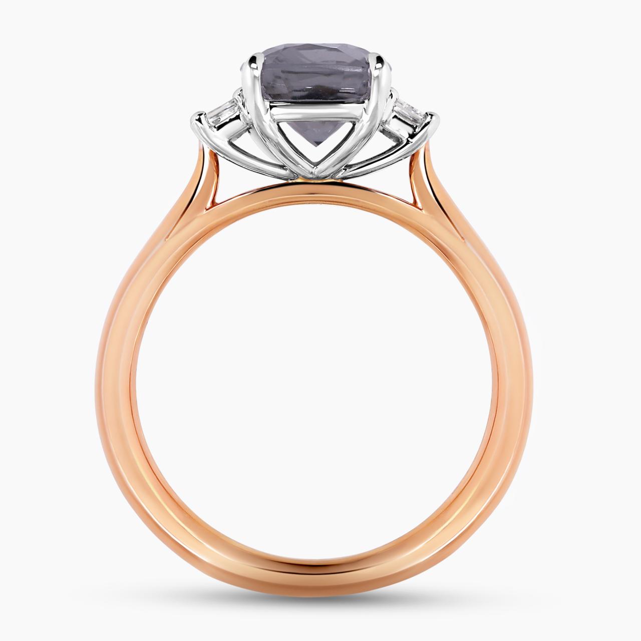 18ct Rose and white gold 2.44ct cushion shape grey spinel and baguette diamond ring side view