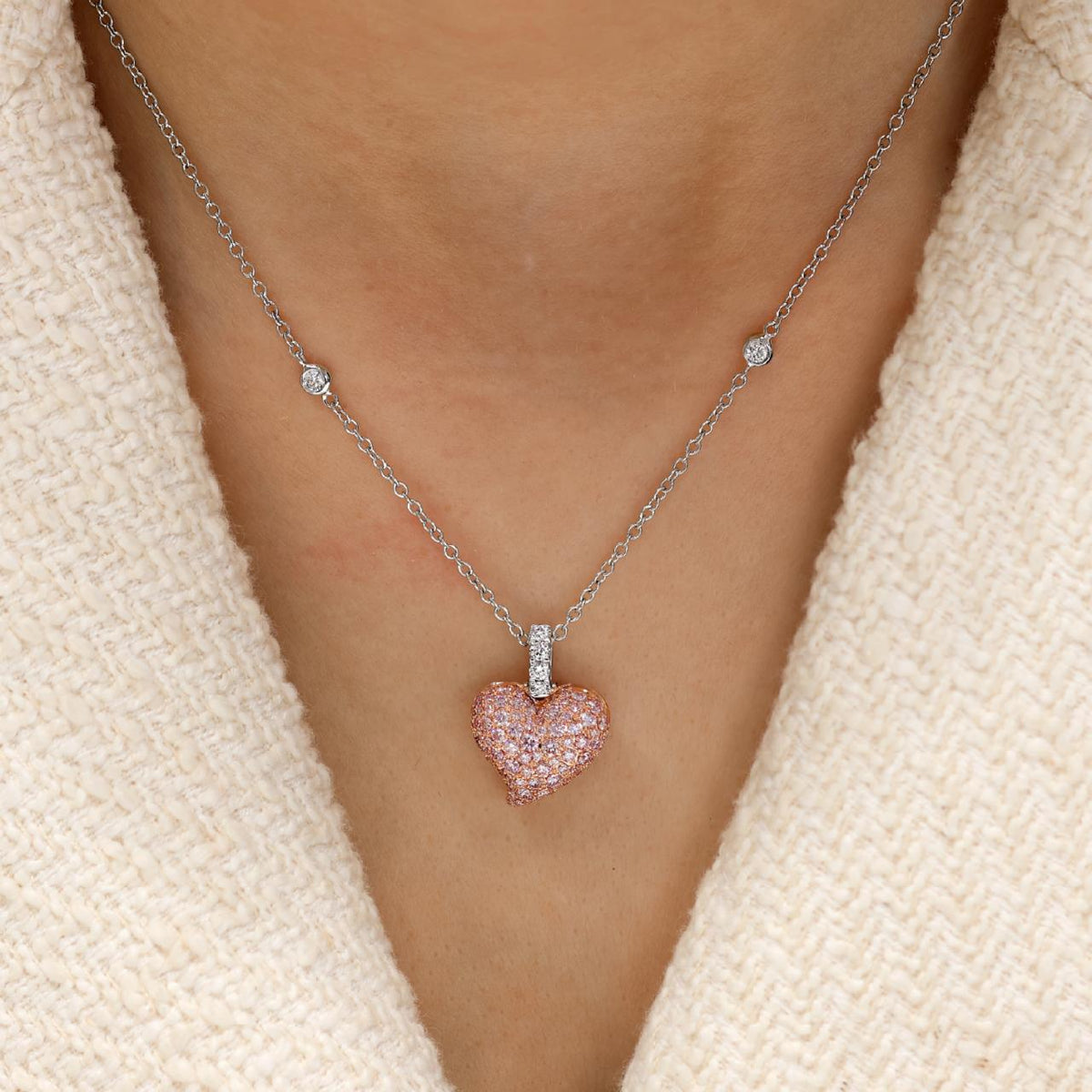 LIMITED EDITION "EVERMORE II" 18ct rose and white gold heart shaped Argyle Pink diamonds set pendant on an 18ct white gold trace chain