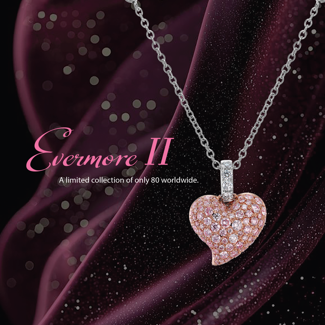 LIMITED EDITION "EVERMORE II" 18ct rose and white gold heart shaped Argyle Pink diamonds set pendant on an 18ct white gold trace chain