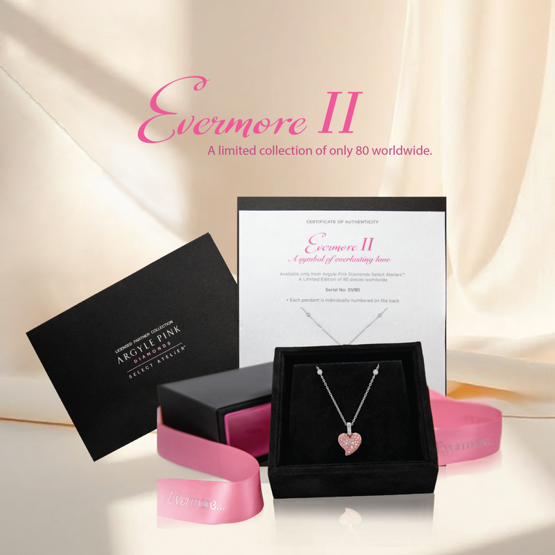 LIMITED EDITION "EVERMORE II" 18ct rose and white gold heart shaped Argyle Pink diamonds set pendant on an 18ct white gold trace chain