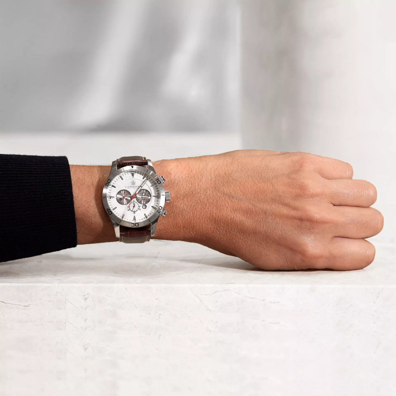 Cerrone 50th Anniversary chronograph ‘Cognac’ croc embossed watch on the wrist