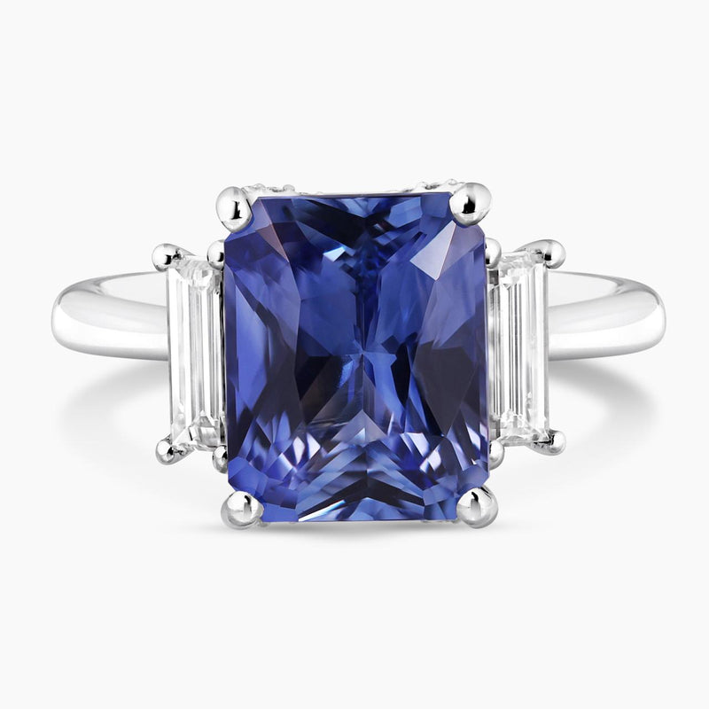 18ct white gold 5.58ct emerald cut Ceylon sapphire and baguette and round cut diamonds ring