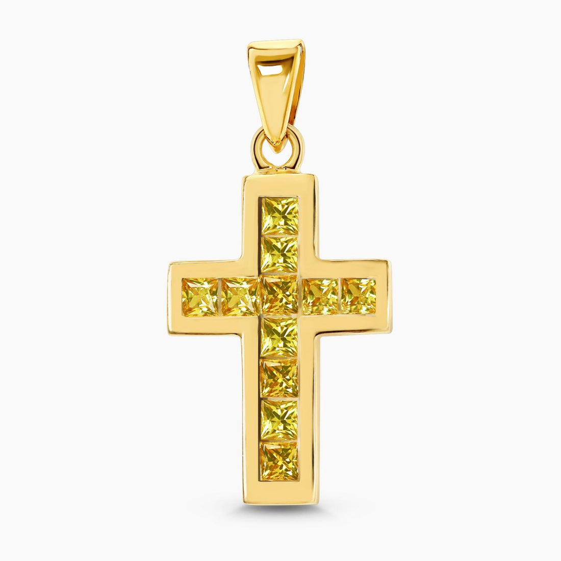 18ct yellow gold princess cut yellow sapphire cross pendant in a channel setting