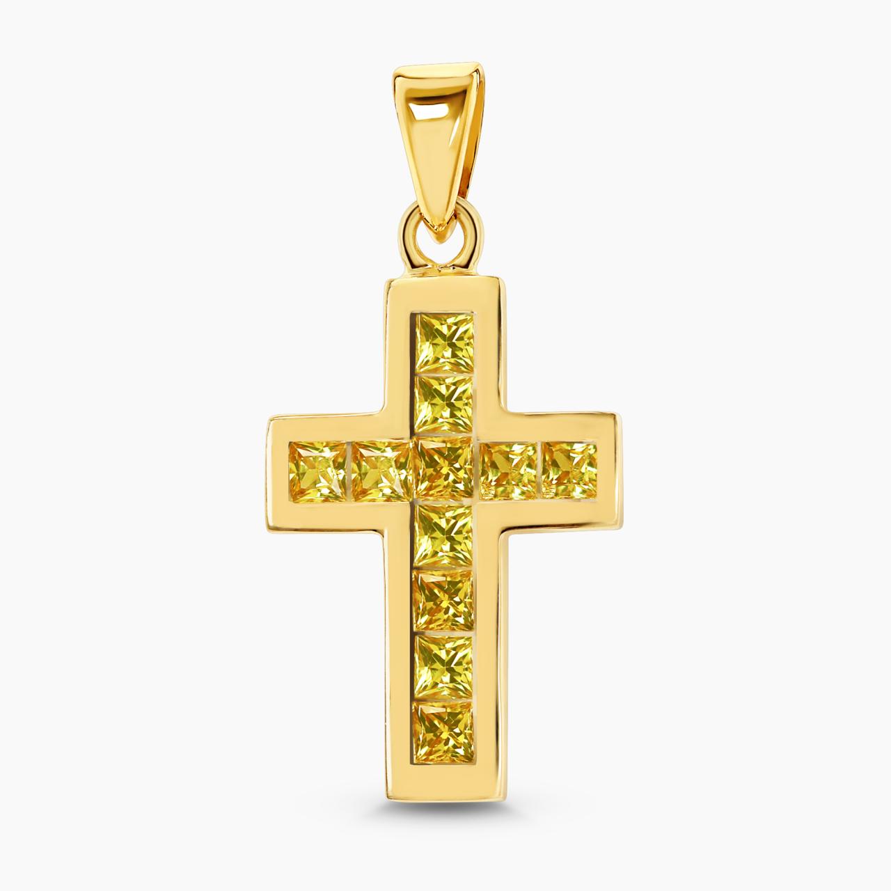 18ct yellow gold princess cut yellow sapphire cross pendant in a channel setting