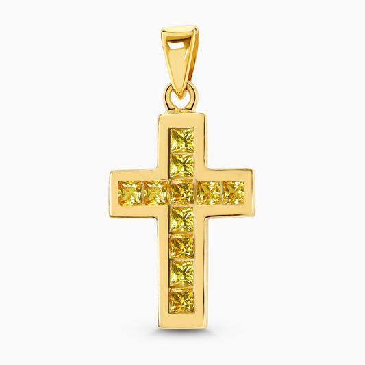 18ct yellow gold princess cut yellow sapphire cross pendant in a channel setting