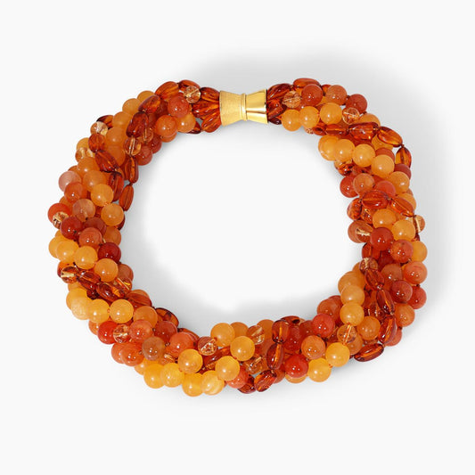 Six rows of mixed amber, orange chalcedony and Mexico orange calcite beads necklace ended with a gold plated silver magnetic clasp 