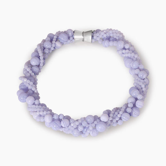 Six rows of blue lace agate beads necklace ended with a silver magnetic clasp