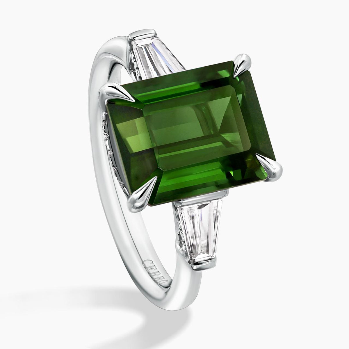 Platinum 4.76ct emerald cut green tourmaline and tapered baguette diamonds ring