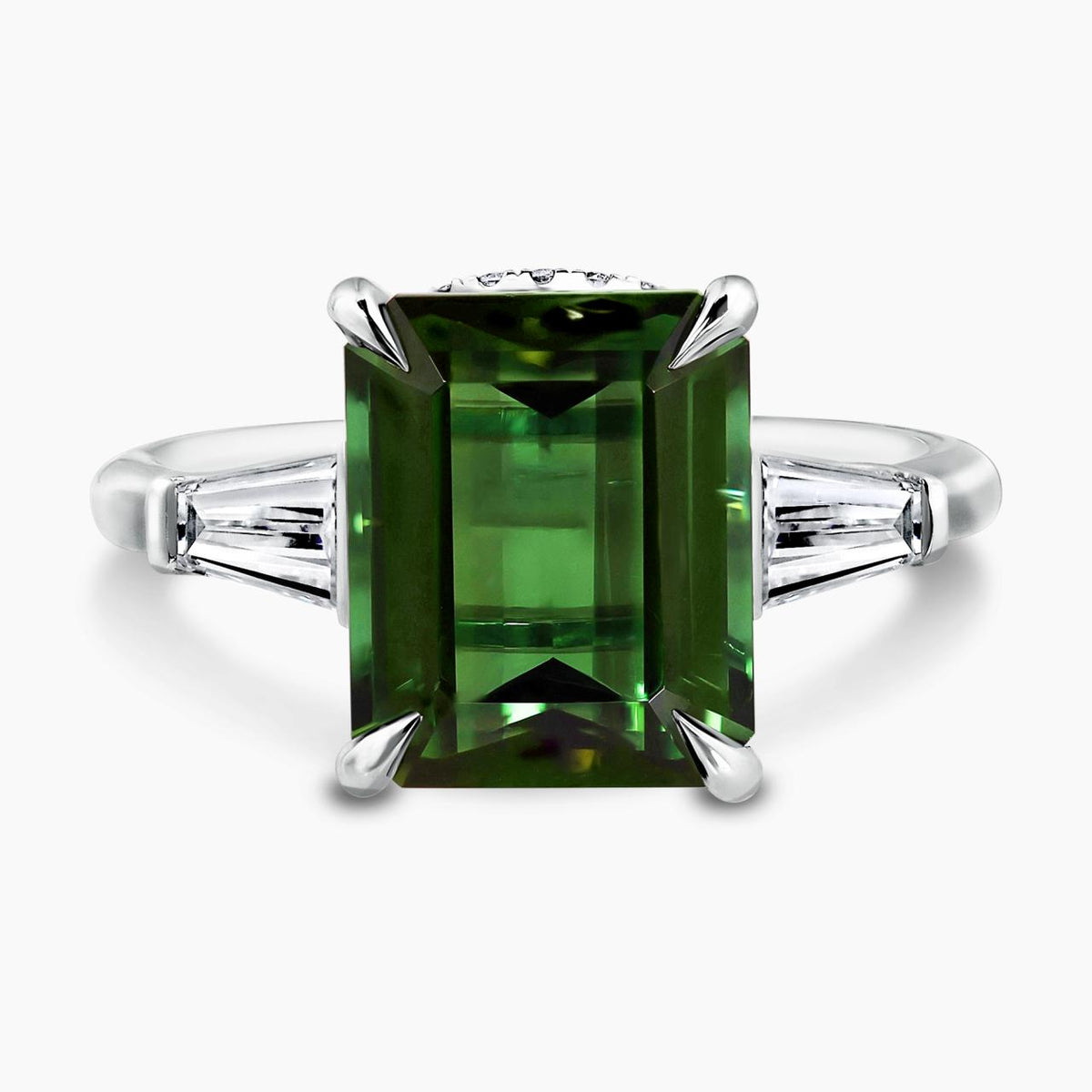 Platinum 4.76ct emerald cut green tourmaline and tapered baguette diamonds ring