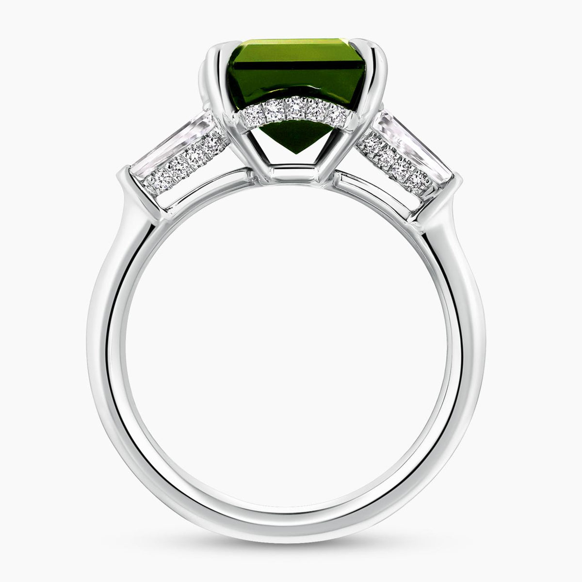 Platinum 4.76ct emerald cut green tourmaline and tapered baguette diamonds ring