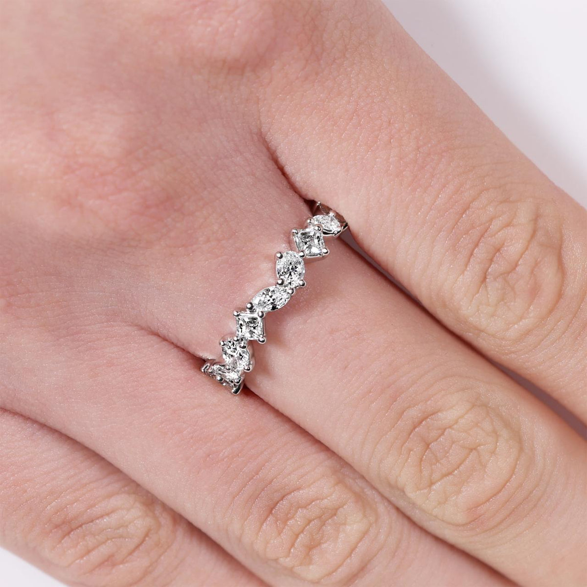 18ct white gold full circle carre, marquise, pear, oval and asscher cut diamonds ring