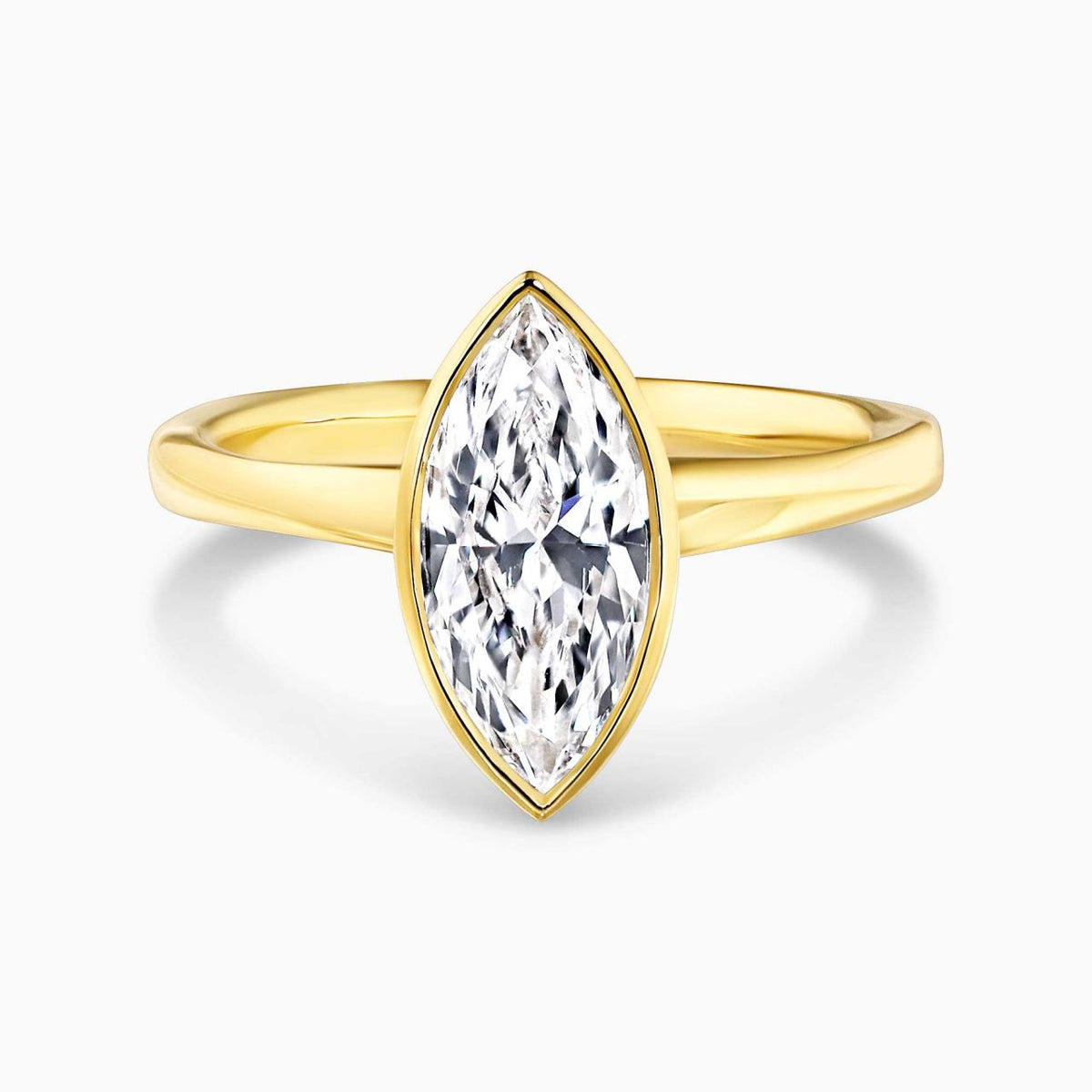 18ct yellow gold 1.75ct E VVS2 lab grown marquise diamond solitaire ring in a bezel setting IGI Cert