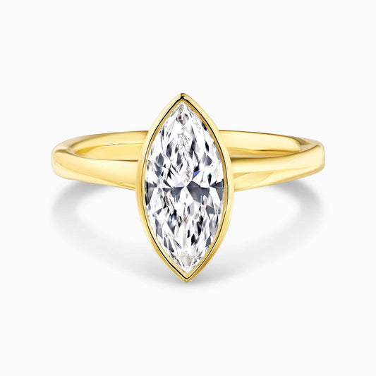 18ct yellow gold 1.75ct E VVS2 lab grown marquise diamond solitaire ring in a bezel setting IGI Cert
