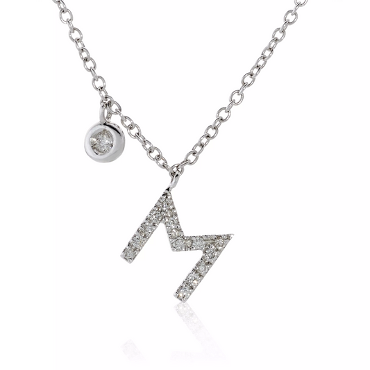 18ct white gold diamond initial “M” necklace with bezel set diamond
