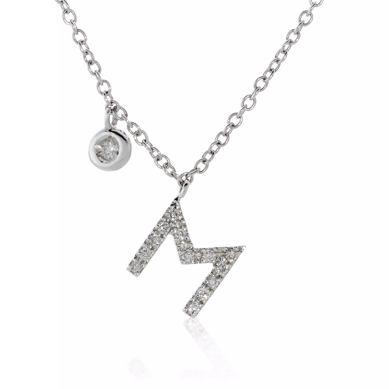 18ct white gold diamond initial “M” necklace with bezel set diamond