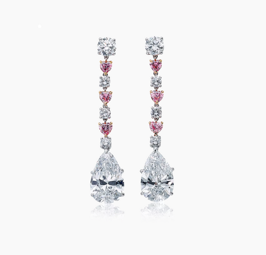 18ct white and rose gold pear, heart and round brilliant cut pink and white diamond drop earrings