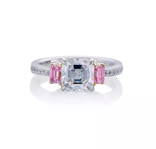 MODENA SKIES - Platinum and 18ct rose gold Asscher and pink diamond emerald cut pink and white diamond ring