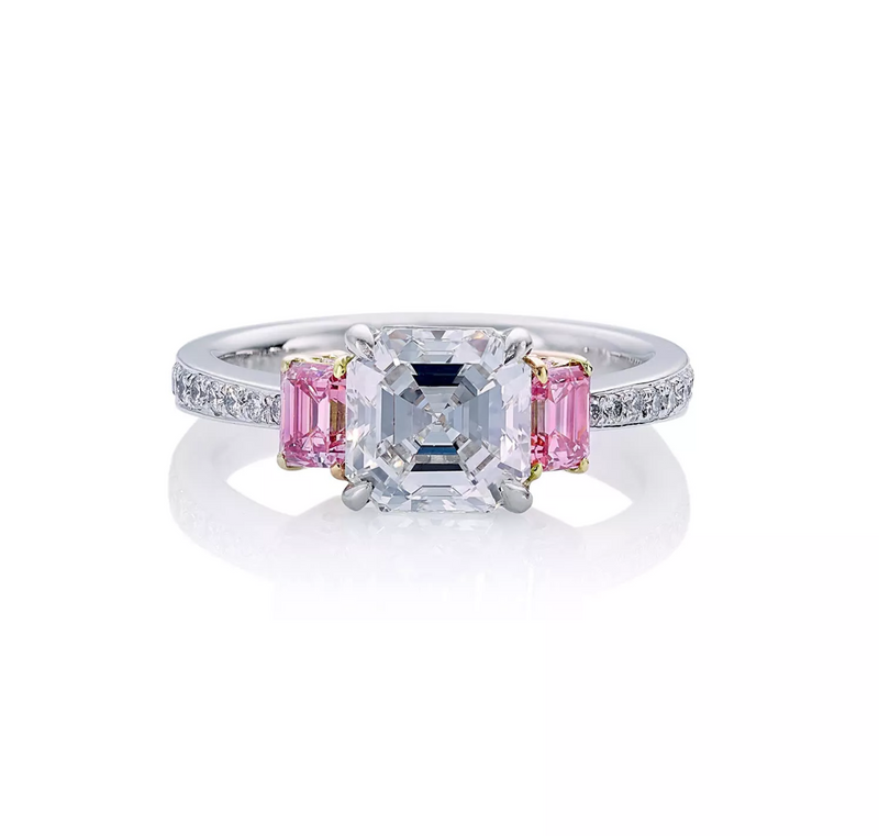 Platinum and 18ct rose gold Asscher and pink diamond emerald cut pink and white diamond ring