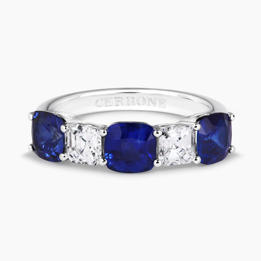 18ct white gold cushion shape blue sapphires & Asscher diamonds ring